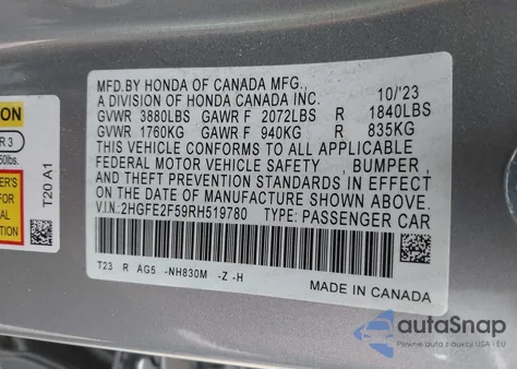 2024 Honda Civic Sport z USA, uszkodzony, nr VIN 2HGFE2F59RH519780